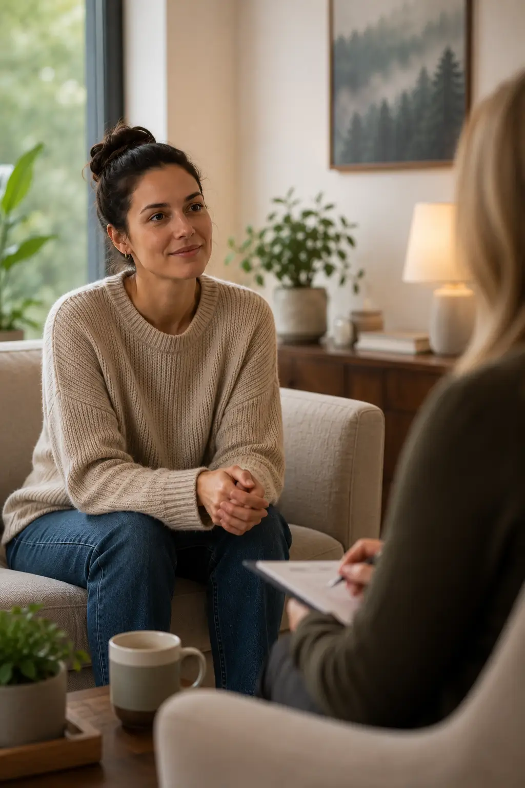 Client speaking with a compassionate therapist in a warm modern counselling office during an anxiety therapy session in Surrey BC.