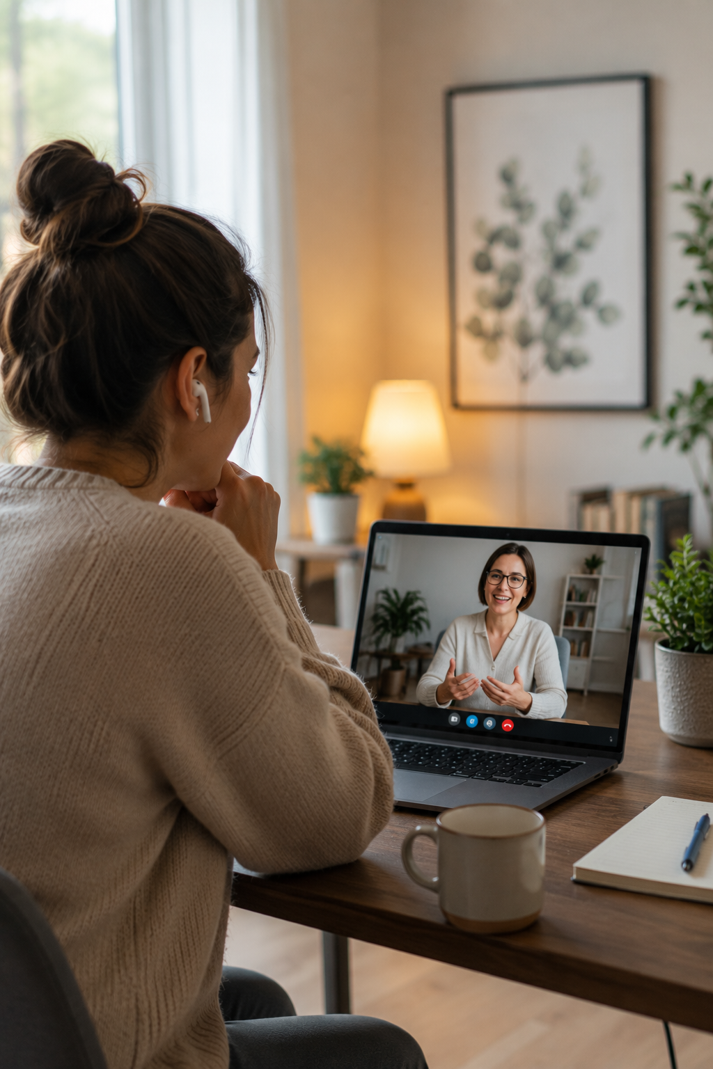 Client participating in an online anxiety therapy session from home using secure video counselling with a therapist in British Columbia.