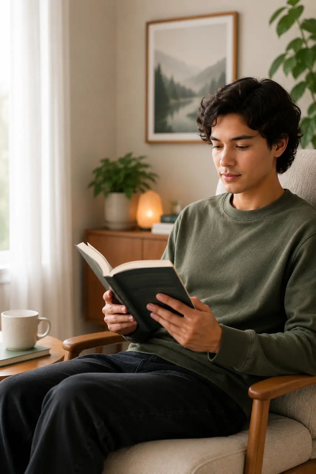 Young adult reading calmly in a quiet therapy-informed setting after neurofeedback support for ADHD.