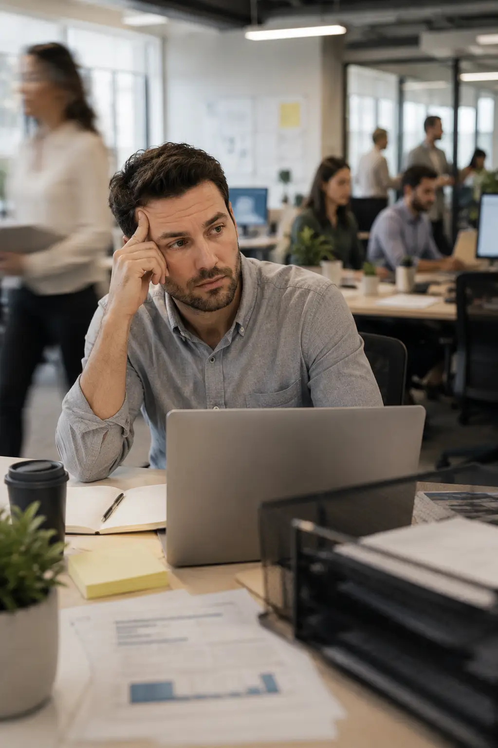 Man struggling to concentrate at his laptop in a busy open-plan office, surrounded by coworkers and workplace distractions.