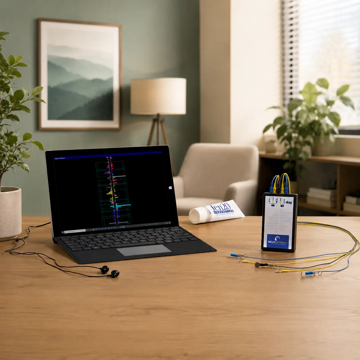 NeurOptimal neurofeedback system with laptop, sensors, and earbuds arranged on a wooden desk in a calm counselling office with sage green and neutral tones.