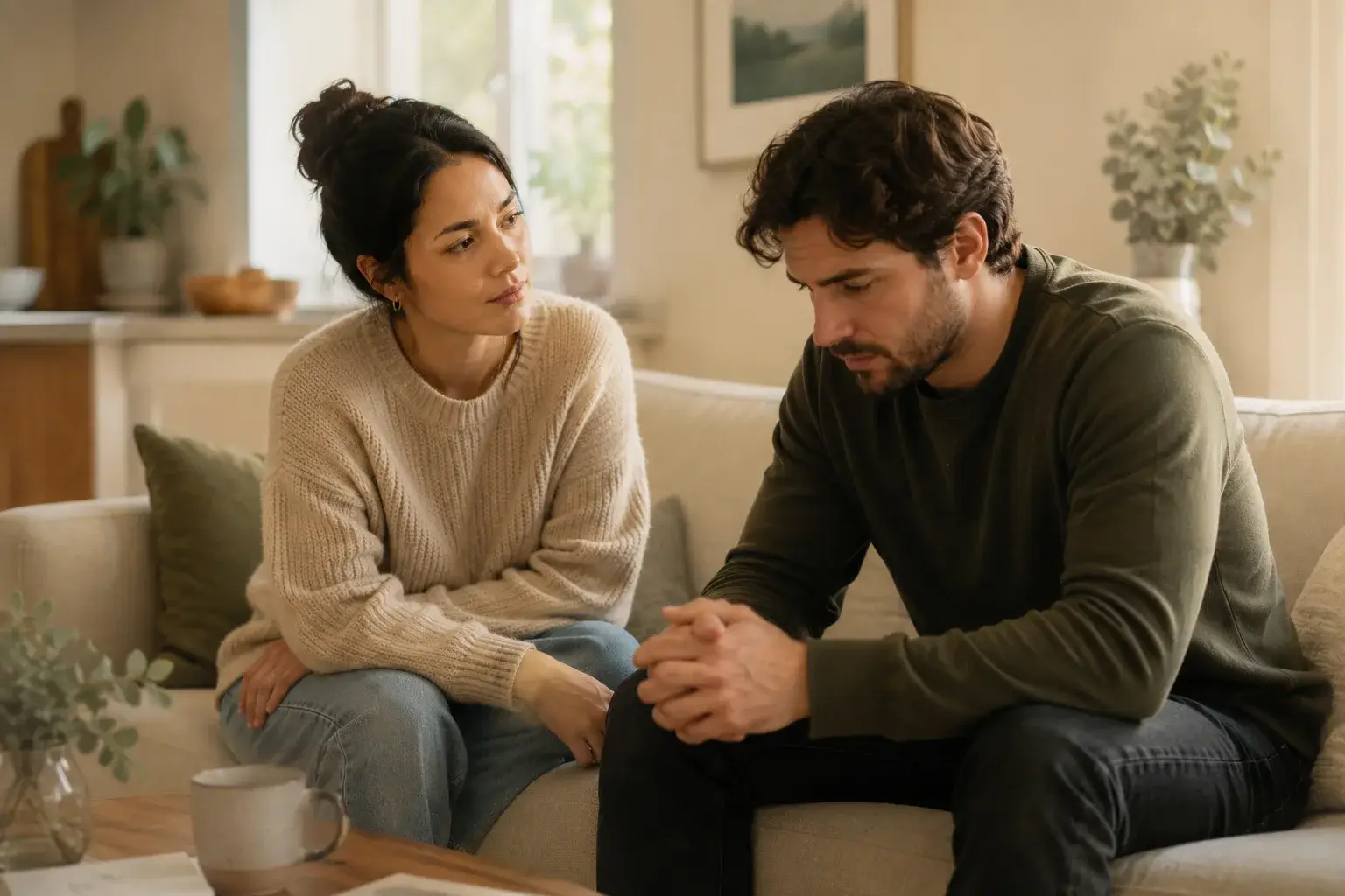 Couple sitting apart on a couch in a difficult moment, representing how attachment wounds can affect adult relationships