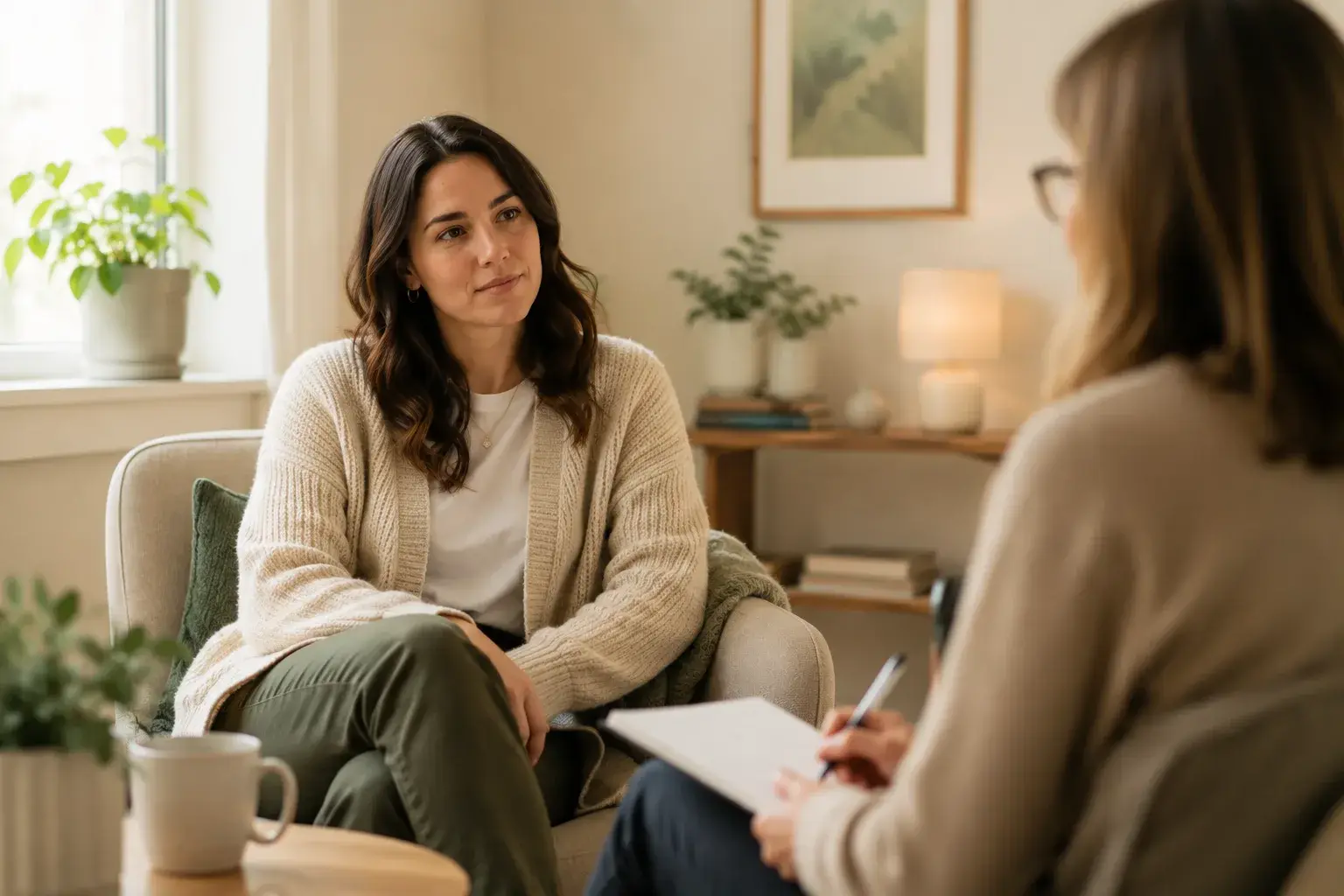 Woman talking with a counsellor in a warm office, representing how attachment trauma therapy can help build trust and emotional safety