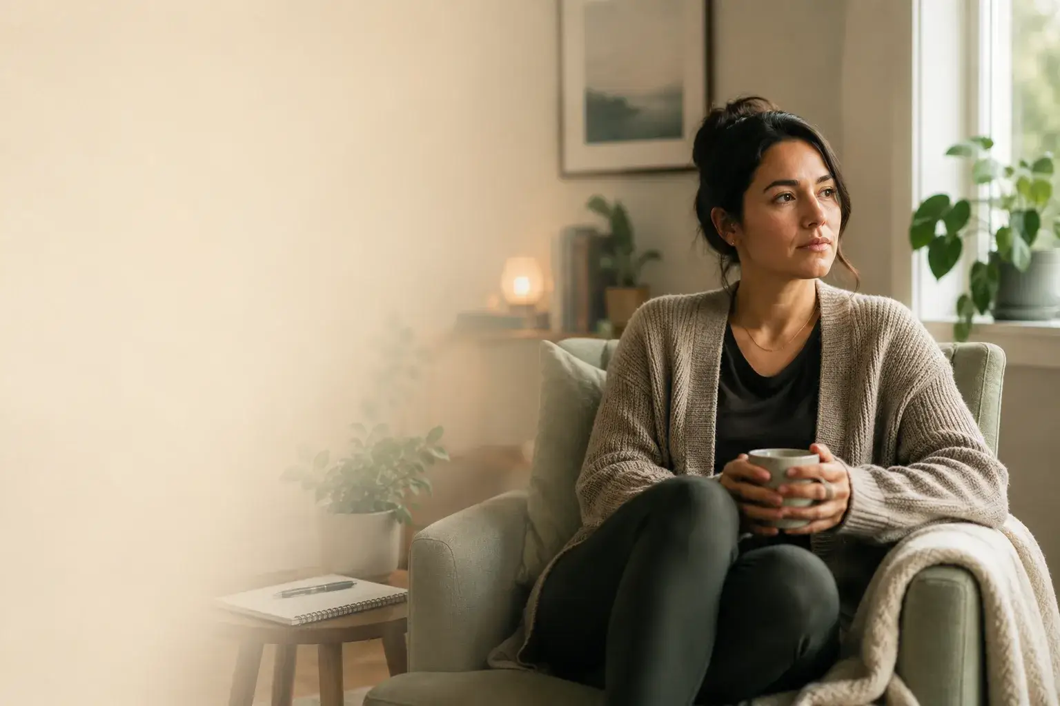 Adult reflecting quietly at home about long standing relational patterns, representing attachment trauma therapy in Surrey BC
