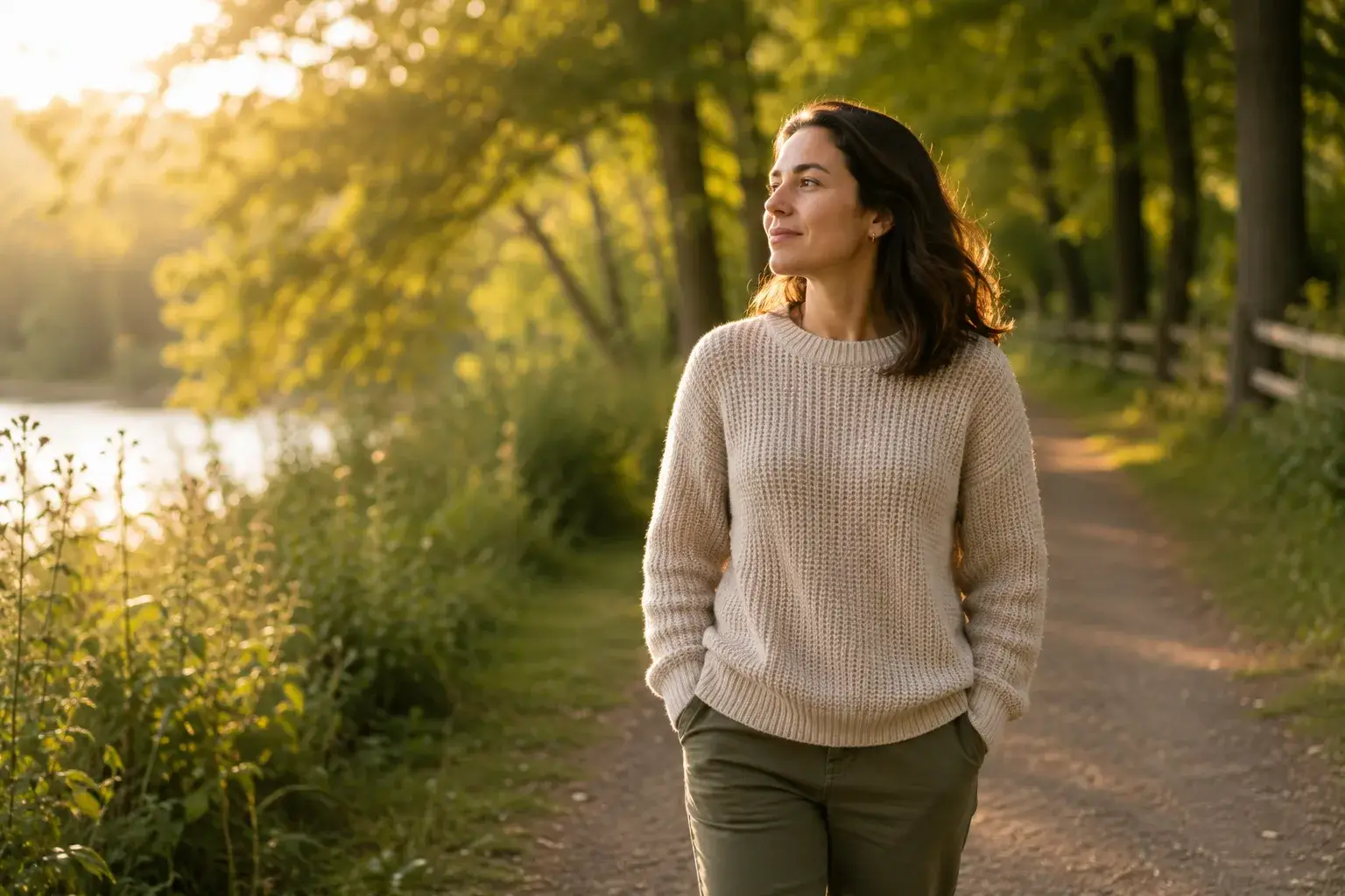 Woman walking on a sunlit path looking hopeful, representing more secure relationships after attachment focused counselling