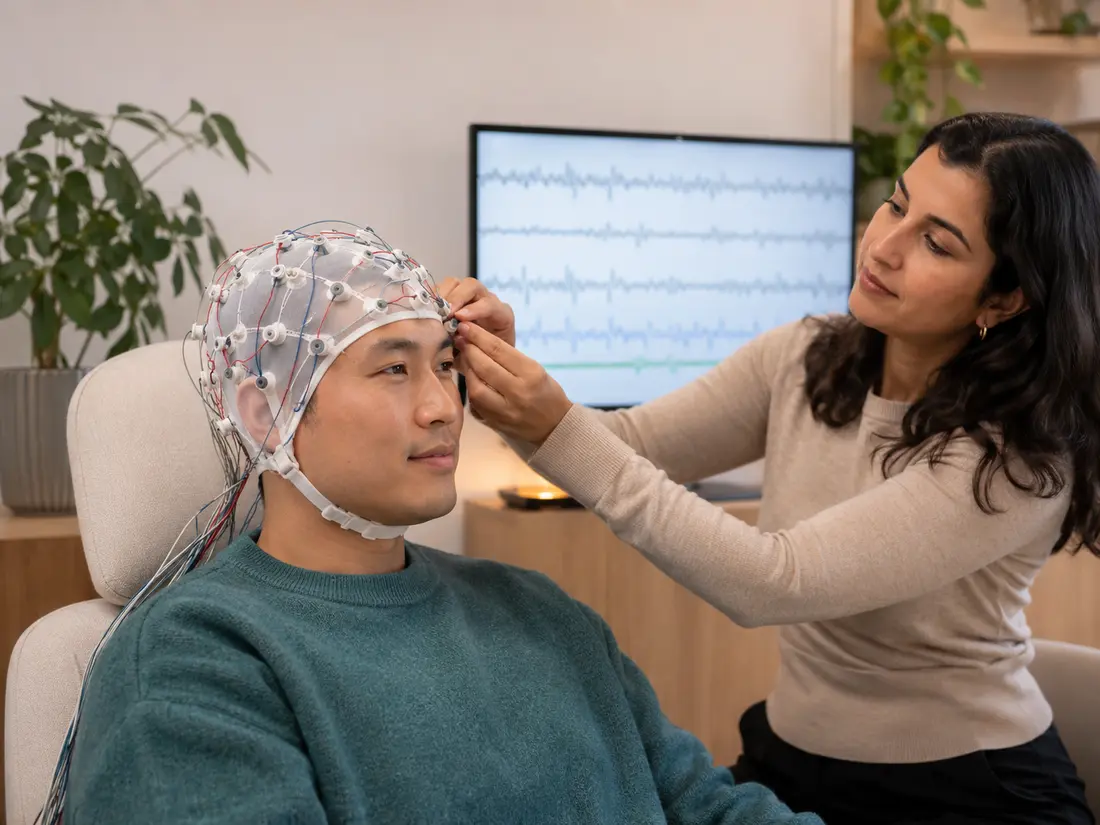 Clinician adjusting an EEG cap during a brain wave assessment