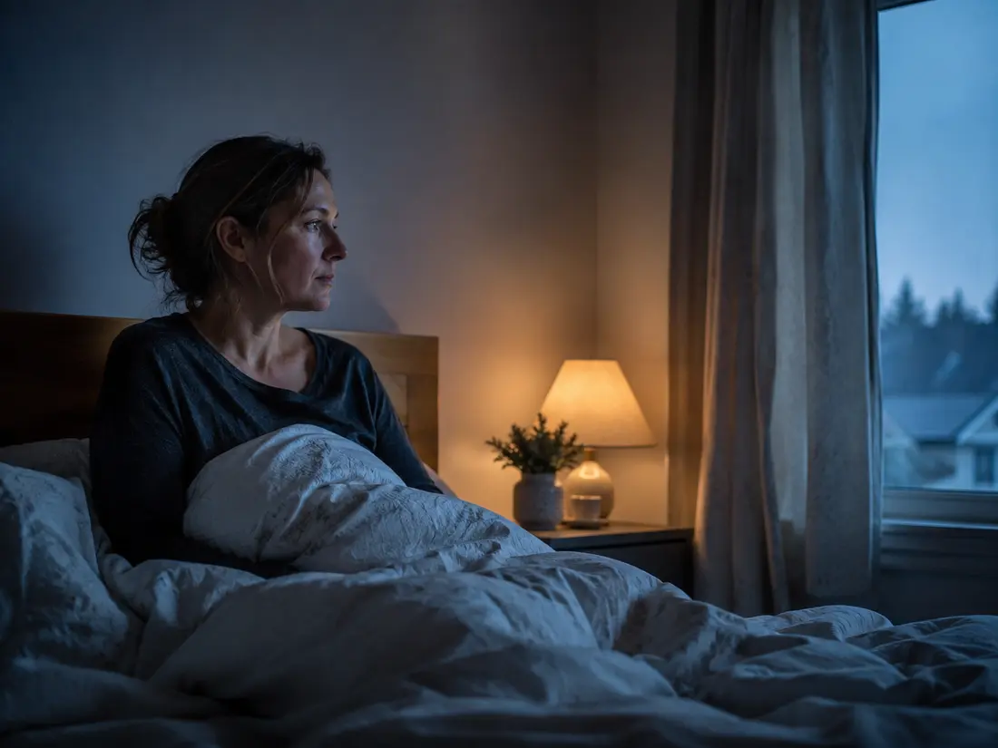 Woman awake at night while her thoughts repeat